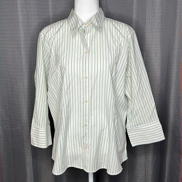 EDDIE BAUER STRETCH WRINKLE RESISTANT XL GREEN YELLOW STRIPED BUTTON FRONT SHIRT - Picture 1 of 8